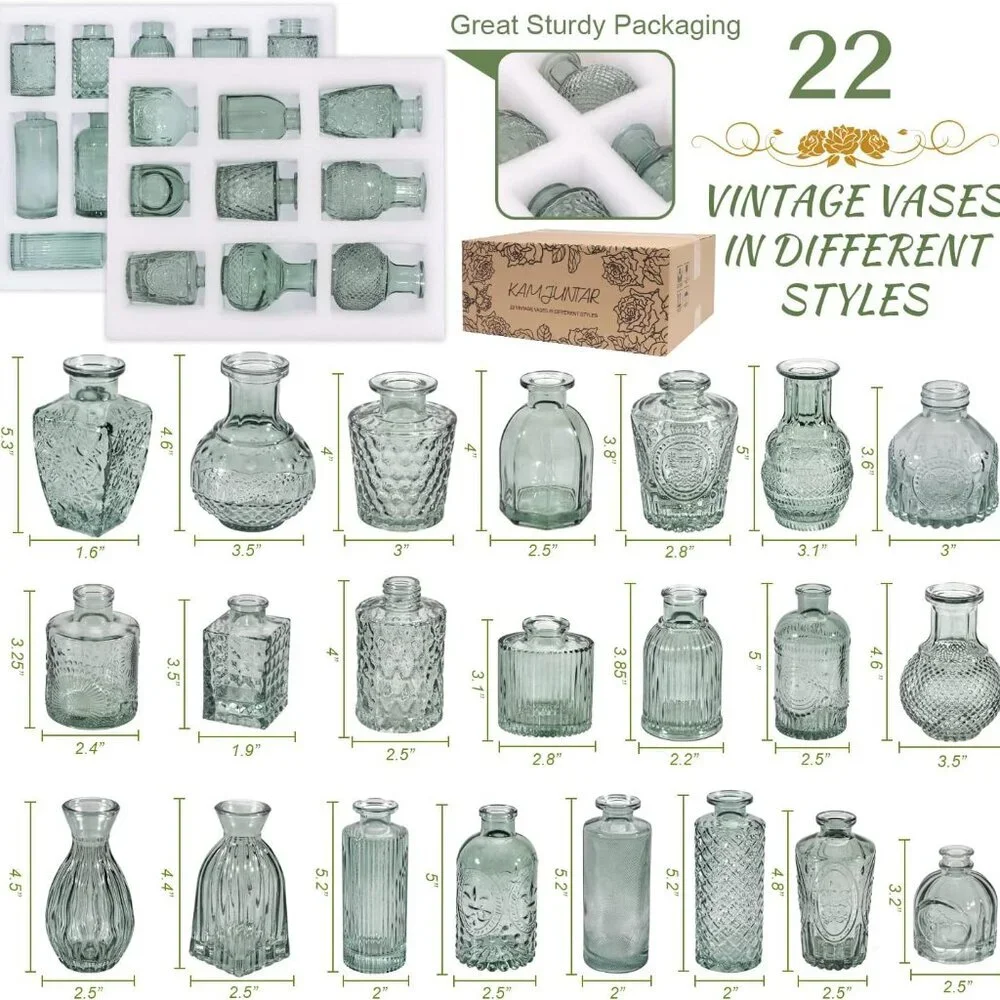 Green Glass Bud Vase Set of 22, Small Vases for Flowers, Clear Glass Vases for C - Picture 7 of 7